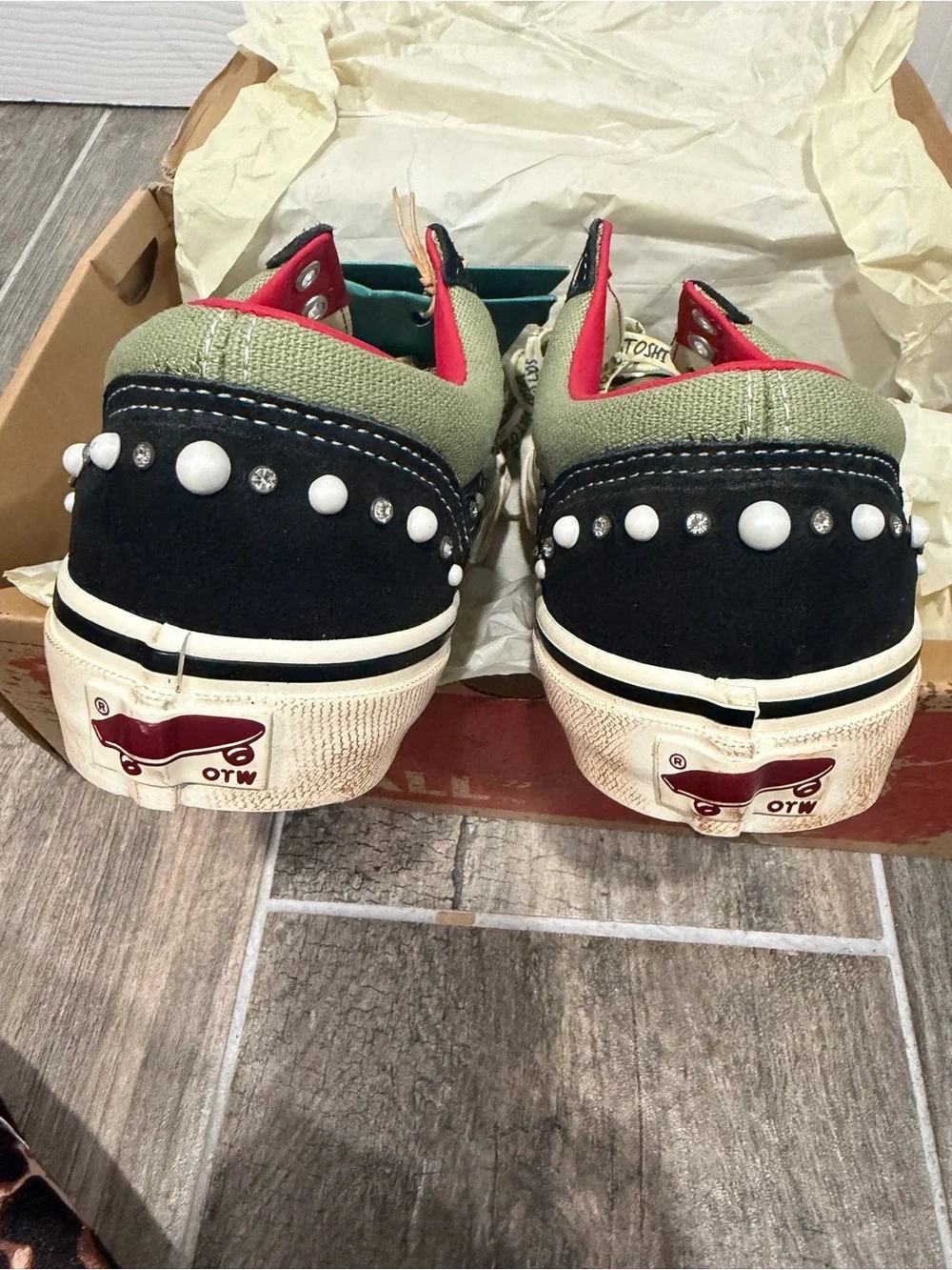 Vans OTW x Satoshi Nakamoto Olive and Black Pearl-Trim Slip-On Sneakers - Picture 5 of 9